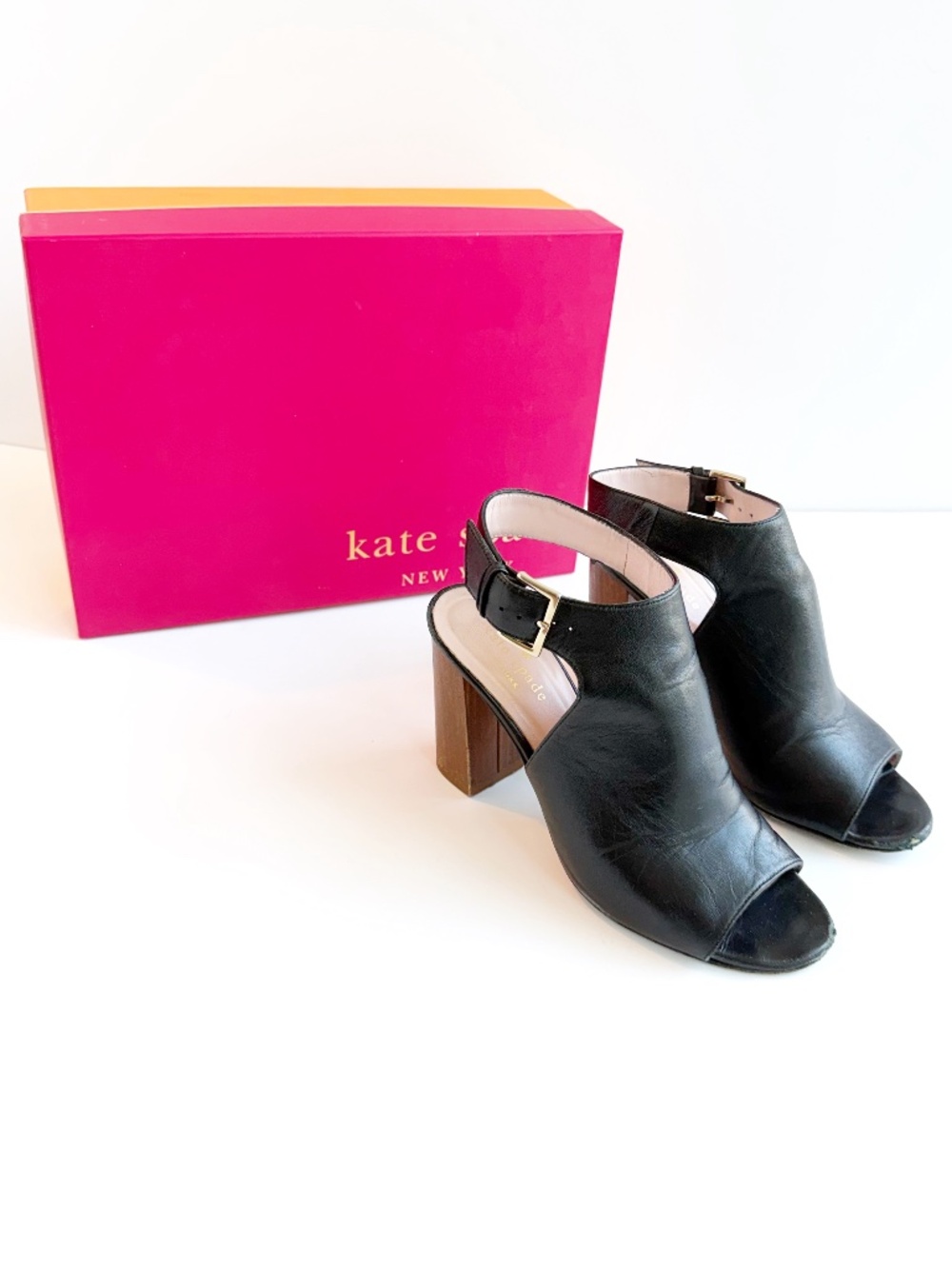 Kate Spade Black Leather Block Heel Sandals Size 6